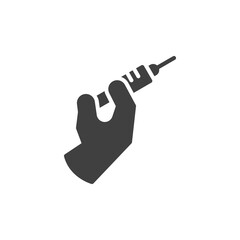 Hand holding vaccine syringe vector icon