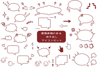 喜怒哀楽の感情表現のある、シンプルな手描き赤系色の吹き出し・アイコン・矢印・指差しセット
