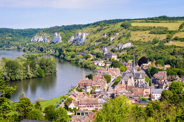 Fototapeta na wymiar Aerial view of the city of Les Andelys, France, on the bank of the Seine river seen from Château-Gaillard fortified castle.
