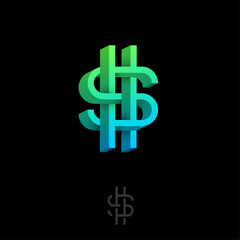 Dollar icon. Monogram consist of volumetric elements. Crossed, impossible figure.
Monogram for business, bank, online banking, currency, label or packaging.