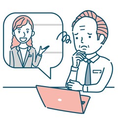 外国人女性講師からオンラインで説明を受けて困るシニア男性のイラスト素材