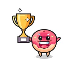 Cartoon Illustration of doughnut is happy holding up the golden trophy