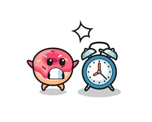 Cartoon Illustration of doughnut is surprised with a giant alarm clock