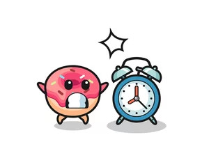 Fotobehang Cartoon Illustration of doughnut is surprised with a giant alarm clock © heriyusuf