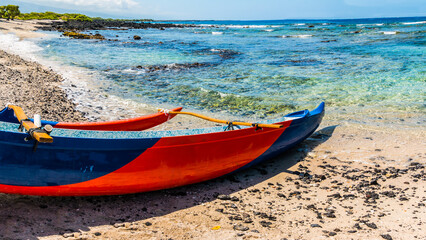 Outrigger Canoe On The Beach Near  Wawahiaa Point,  Koloko-Honokohua National Historic Park, Hawaii, Island, Hawaii, USA