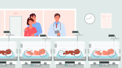 Hospital ward with preterm baby incubators, prematurity concept vector illustration. Cartoon doctor neonatologist, happy parent characters standing, people looking with love at newborn baby background