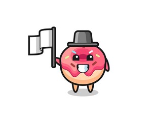 Cartoon character of doughnut holding a flag