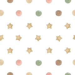 Watercolor seamless cute pattern with stars and polka dots. Perfect for card, postcard, tags, invitation, printing, wrapping, fabric.
