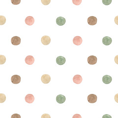 Watercolor seamless cute pattern polka dots. Isolated on white background. Hand drawn clipart. Perfect for card, postcard, tags, invitation, printing, wrapping, fabric.