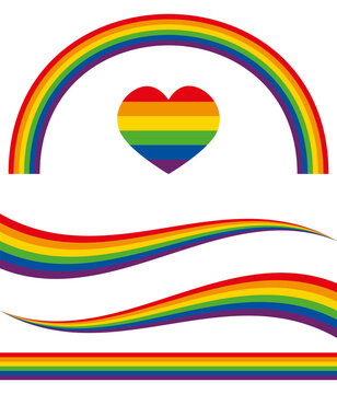 LGBTQ+ banners, heart and rainbow set. Vector decorations.