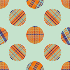 Woven tartan circles seamless vector pattern background. Neon tropical color plaid circle shapes backdrop. Geometric faux woven fabric modern check circular patches. Vivid repeat for summer concept