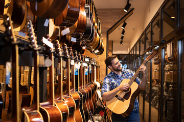 Talented caucasian musician checking the sound of new guitar instrument in music shop.