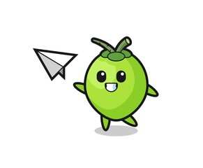 coconut cartoon character throwing paper airplane