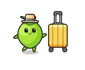 coconut cartoon illustration with luggage on vacation