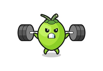 coconut mascot cartoon with a barbell