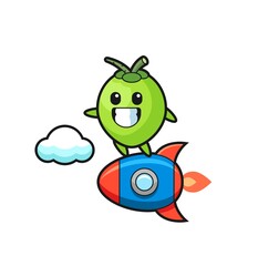 coconut mascot character riding a rocket