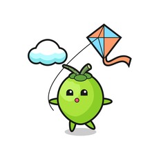 coconut mascot illustration is playing kite