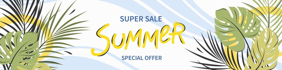 Summer sale horizontal banner with tropical leaves. Bright poster, flyer with invitation for shopping, template offer of discounts deals. Vector Illustration
