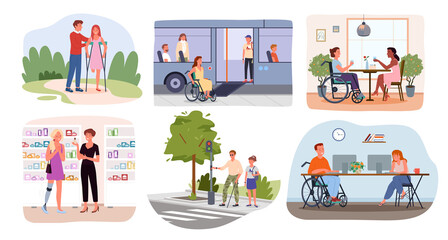 Disabled handicap people in lifestyle scenes, world international disability day vector illustration set. Cartoon woman with prosthesis and in wheelchair, blind man, girl on crutches isolated on white