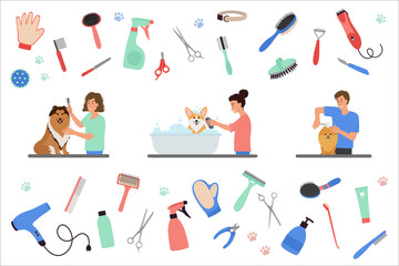 Scenes with people grooming dogs. Set of tools for coat care. Man and Women caring of pets, cutting fur, washing. Beauty salon for domestic animals. Flat cartoon Vector illustration isolated on white.