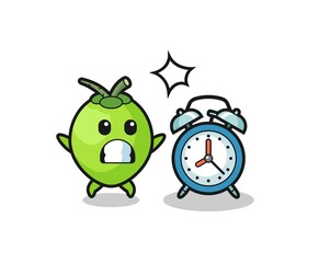 Cartoon Illustration of coconut is surprised with a giant alarm clock