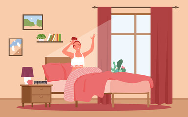 Happy awakening in morning, lifestyle daily routine vector illustration. Cartoon girl character sitting in bed in home bedroom interior near window, young woman stretching under blanket background