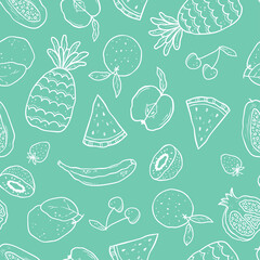 Cute doodle fruits seamless pattern, hand drawn background with pineapple, melon, kiwi and more - great for textiles, wrapping, surfaces, wallpapers - vector design