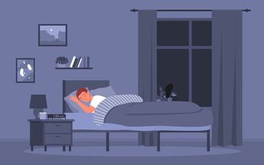 Young man sleeping in bedtime at late night vector illustration. Cartoon sleepy guy character lying in comfortable bed of home bedroom interior, healthy happy night sleep and rest concept background