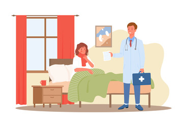 Doctor visit, medical diagnostic healthcare service concept vector illustration. Cartoon sick woman patient character lying in bed at home, man medic with stethoscope standing isolated on white