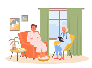 Medical appointment, therapist house call vector illustration. Cartoon woman doctor visiting sick man patient for examination, healthcare service to call family doctor to home isolated on white