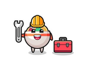 Mascot cartoon of noodle bowl as a mechanic
