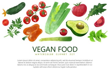 Summer veggies banner, hand drawn vector watercolor illustration
