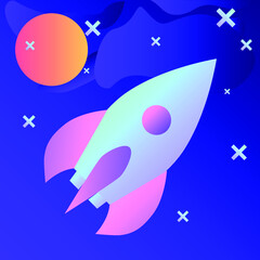 A vector rocket flying towards the target. It symbolizes a victory, a goal, a career, a mission. For the design of materials, social networks and banners.