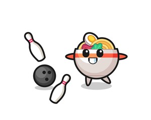 Character cartoon of noodle bowl is playing bowling