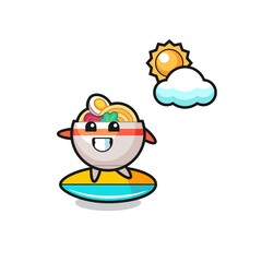Illustration of noodle bowl cartoon do surfing on the beach
