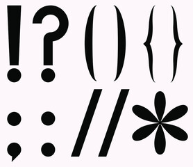 Punctuation marks in black on a white background. Question mark, exclamation mark, brackets, semicolon, comma.