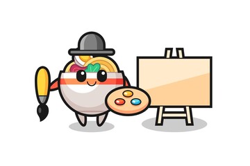 Illustration of noodle bowl mascot as a painter