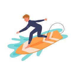 Surfing man in wetsuit on surf board vector illustration. Cartoon active happy young surfer guy character on surfboard catching ocean or sea wave, surfing extreme watersport activity isolated on white