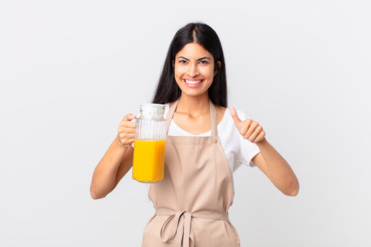 Hispanic Pretty Chef Woman. Orange Juice And Breakfast Concept