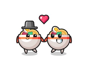 noodle bowl cartoon character couple with fall in love gesture