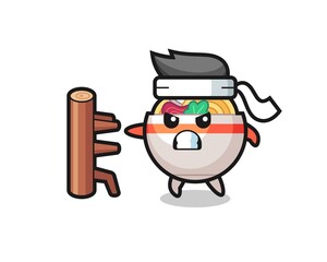 noodle bowl cartoon illustration as a karate fighter