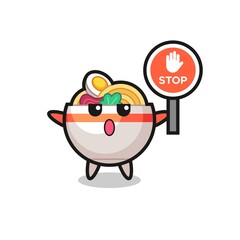 Obraz premium noodle bowl character illustration holding a stop sign