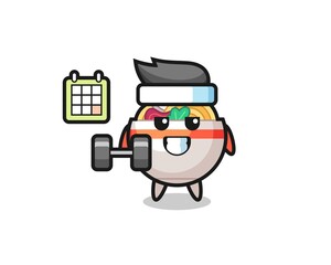 noodle bowl mascot cartoon doing fitness with dumbbell