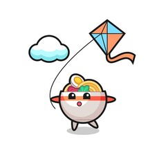 noodle bowl mascot illustration is playing kite