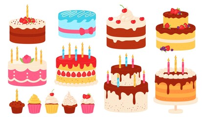 Birthday cakes. Chocolate and pink cake with cream icing and candles. Cartoon sweet cupcakes for party. Happy anniversary dessert vector set - obrazy, fototapety, plakaty
