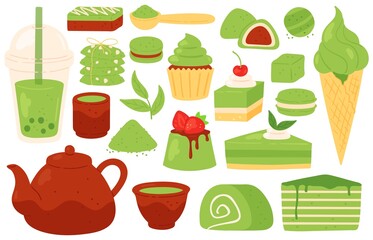 Matcha tea and sweets. Japanese green matcha products, powder, leaves, teapot and cups, bubble tea. Healthy pastry and desserts vector set