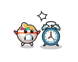Cartoon Illustration of noodle bowl is surprised with a giant alarm clock