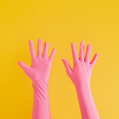 hands with pink glove on yellow sunny summer background. modern summer abstract art. mimalism