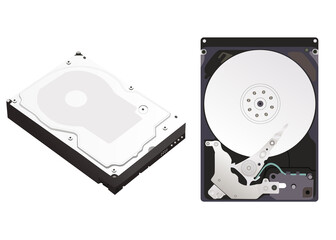 Disassembled and assembled hard disk drive isolated on white background. Vector illustration - obrazy, fototapety, plakaty