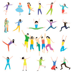 Set with people in flat style isolated on white background. Girls dance, hug, jump. Vector illustration